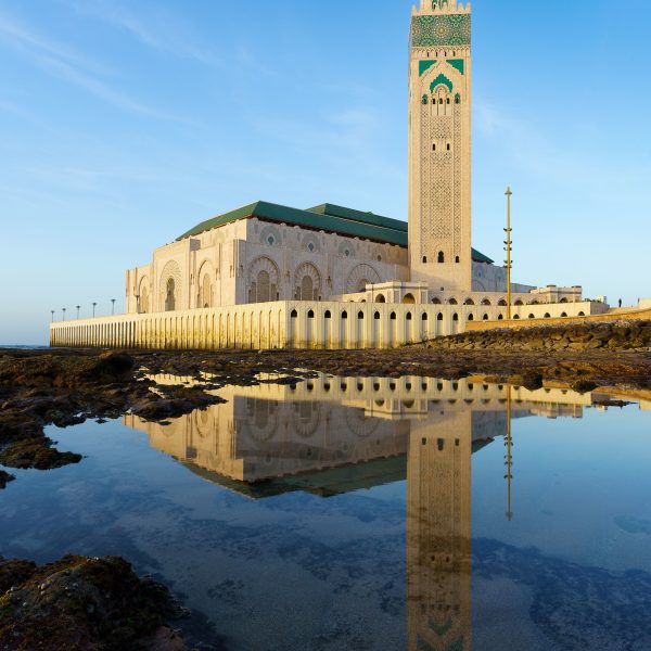 A vertical shot of the Hassan II Mosque in Casablanca, Morocco